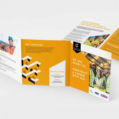 Orange and white folded leaflet for construction course Orange and white folded leaflet for construction course